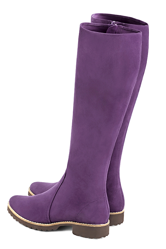 Amethyst purple women's riding knee-high boots. Round toe. Flat rubber soles. Made to measure. Rear view - Florence KOOIJMAN